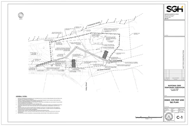 Demolition, site preparation, and erosion and sedimentation control plan for the National Grid temporary substation site at 0 & 14 Mill Street in Amesbury, showing proposed work limits, access drives, utility poles, wetlands, the Powwow River, and Mill Street extension.