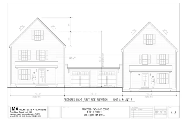 Architectural elevation drawing showing the proposed right and left side views of Unit A and Unit B for a two-unit condo at 4 Field Street. The sheet includes the existing building profile and proposed exterior details such as gabled roofs, windows, porches, garage doors, and scale figures.