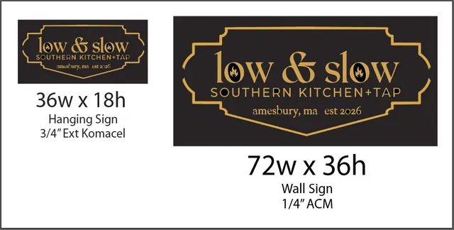 Concept sheet showing two proposed signs for "Low & Slow Southern Kitchen + Tap" in Amesbury: a 36-inch by 18-inch hanging sign and a 72-inch by 36-inch wall sign, both using a black background with gold lettering and border.