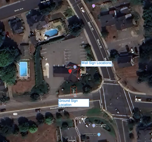 Annotated satellite map showing the 1 Haverhill Rd area at the intersection of Main St and Haverhill Rd, with callouts marking the wall sign locations and ground sign location on the BankProv building.