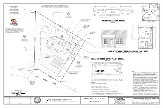 A proposed site plan for an accessory dwelling unit and septic tank at 233 Lions Mouth Road in Amesbury, MA, showing the property boundaries, driveway, proposed building placement, utilities, septic details, a small front elevation, and a floor plan view.