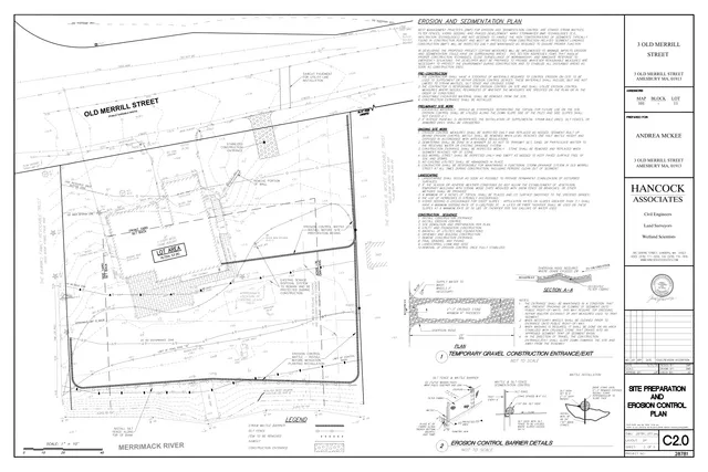 Erosion and sedimentation control plan for 3 Old Merrill Street showing the site layout, construction entrance, silt fence, straw wattles, and erosion control details near Merrimack River. The sheet also includes notes, a temporary gravel construction entrance detail, and barrier section details.