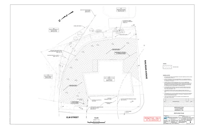 Site plan for the 72 Elm Street repaving project in Amesbury, showing the paved repaving area, existing building and parking, driveway/road edges, drainage features, contours, and surrounding property lines along Elm Street and Railroad Avenue.