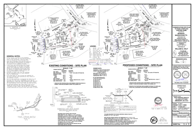 Composite conservation site plan showing existing conditions and proposed conditions for the property at 4 Lake Attitash Road, including the house footprint, driveway, wetlands/buffer boundaries, runoff infiltration details, and site notes. The sheet also includes a small locus map, title block, and technical details.