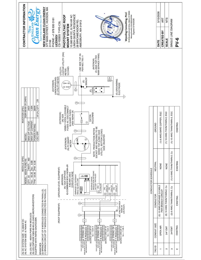 Single-line electrical diagram for the proposed photovoltaic roof-mounted system at 28 Birchmeadow Rd, showing inverter, meter, disconnects, grounding, and conductor schedule.