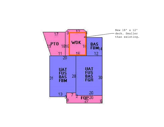 Colored roof/floor area diagram showing the existing and proposed sections of a house, with a highlighted new 18' x 12' deck smaller than the existing one. The drawing uses pink and blue blocks to indicate different building areas and includes an arrow callout to the proposed deck location.