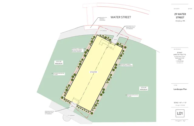 Landscape plan for 29 Water Street in Amesbury, showing the proposed building footprint, surrounding planting beds, lawn replanting, sidewalks, and path connections to the existing city sidewalk along Water Street.