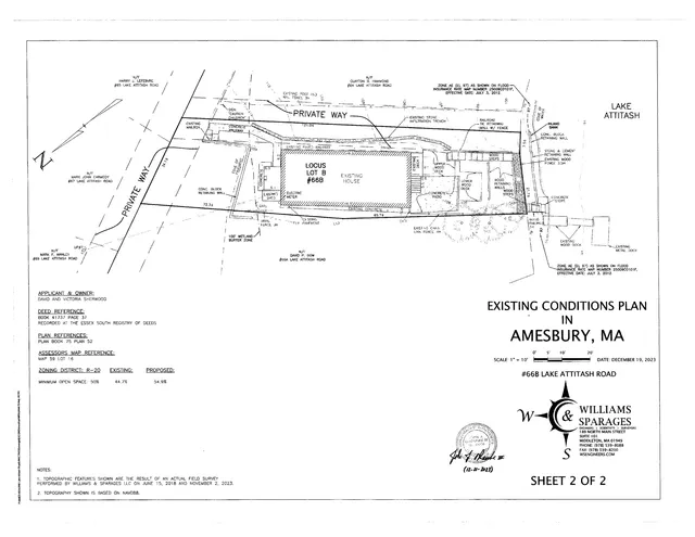 Existing conditions plan for Lot B at 66B Lake Attitash Road in Amesbury, MA, showing the property boundary, existing house, driveway/walkways, retaining walls, docks, flood zone notes, and adjacent lot references.