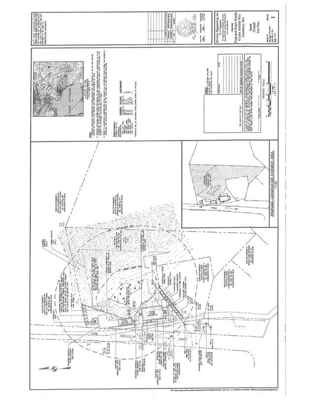 A detailed black-and-white site plan for the proposed single-family home at 6 Lake Attitash Way, showing the house footprint, garage, driveway, conservation easement area, grading/landscape notes, and property boundaries. An inset location map and a smaller enlarged easement plan are included.