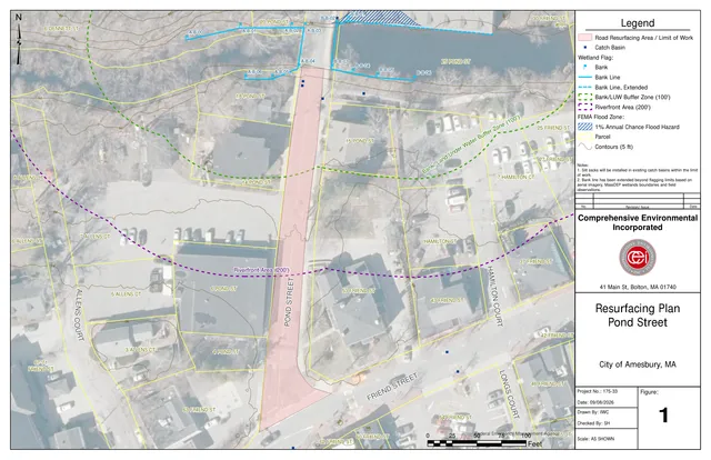Resurfacing plan for Pond Street in Amesbury shown over an aerial base map, with the limit of work highlighted and wetlands/FEMA buffer boundaries, parcel lines, contours, and street labels annotated.