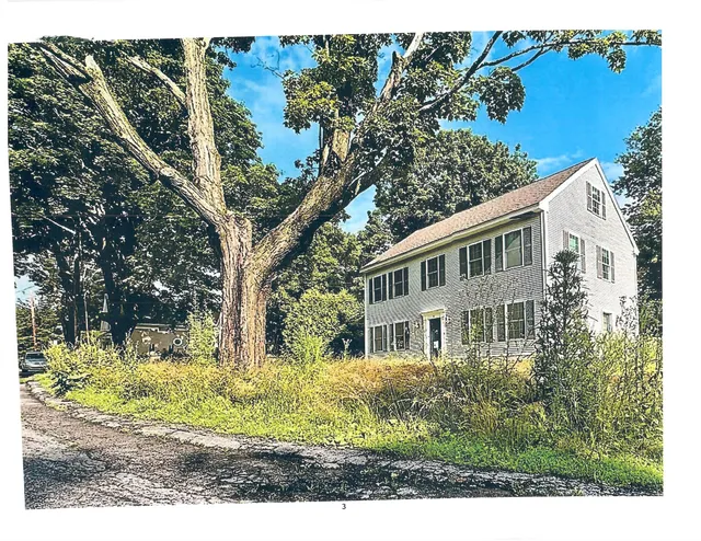 Exterior street-level photo of a white two-story house at 4 Field Street, viewed from the front-left side across a gravel driveway and overgrown vegetation. A large mature tree dominates the foreground, with dense wooded surroundings and blue sky overhead.