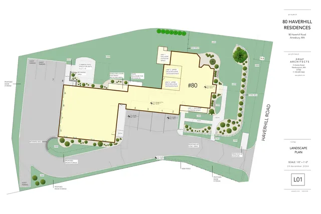 Colored landscape/site plan for the proposed 80 Haverhill Residences at 80 Haverhill Road in Amesbury, showing building footprint, parking, driveways, patios, lawns, planting areas, fences, walls, and snow storage areas. The sheet is a top-down plan view labeled L01, not a rendering or photo.