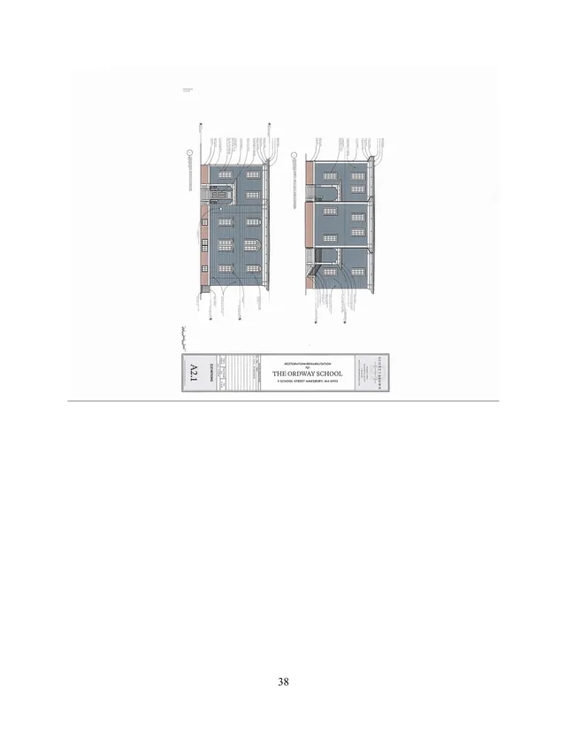 Sheet A2.1 showing two colored architectural elevations of the proposed restoration/rehabilitation of The Ordway School at 9 School Street, with facade details and material callouts.