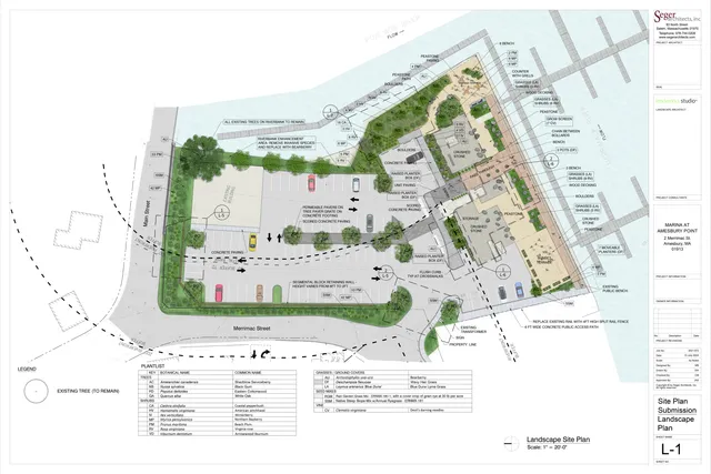 Colorized landscape site plan for Marina at Amesbury Point at 2 Merrimac St, showing the proposed layout of parking, pedestrian paths, plantings, paving, seating areas, and riverfront enhancements along the Merrimack River. The sheet includes labels for existing features to remain, proposed hardscape and planting zones, and project notes in a plan view.