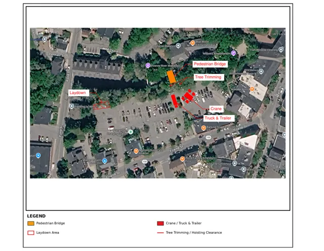 Annotated aerial map of the Upper Millyard area showing the proposed pedestrian bridge location, laydown area, crane/truck and trailer staging, and tree trimming/hoisting clearance areas near adjacent streets and parking lots.