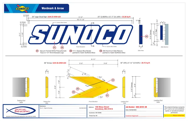 Technical sign design sheet showing the proposed Sunoco wordmark and arrow sign in front elevation, side views, and section details with dimensions and materials notes.