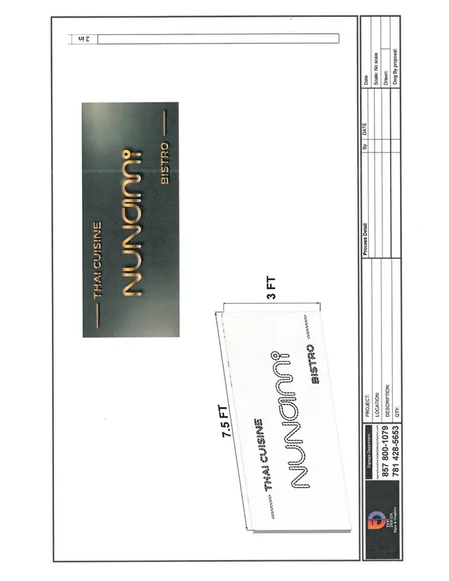 Sign proposal sheet showing two views of the proposed Nunami Bistro sign: a color mockup on a dark rectangular panel and a line-drawing elevation with dimensions for the sign face. The page is laid out as a technical sign detail sheet with title block information along the right edge.