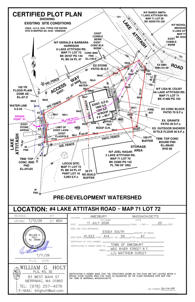 Certified plot plan showing existing site conditions for Lot 72 at 4 Lake Attitash Road, including property lines, setbacks, contours, existing structures, and watershed/buffer annotations around the existing house and yard areas.