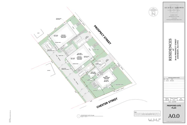 Colored proposed site plan for 38-46 Prospect Street showing the existing two-family dwellings, a new one-car garage, paved driveways, parking areas, sidewalks, fences, and landscaping within the lot. The plan is oriented diagonally with Prospect Street and Chester Street labeled along the site edges.