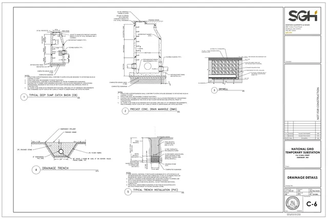 Engineering detail sheet showing five drainage construction sections/details, including a typical deep sump catch basin, precast concrete drain manhole, drywell, drainage trench, and typical trench installation (PVC). The title block identifies this as the National Grid Temporary Substation drainage details sheet.