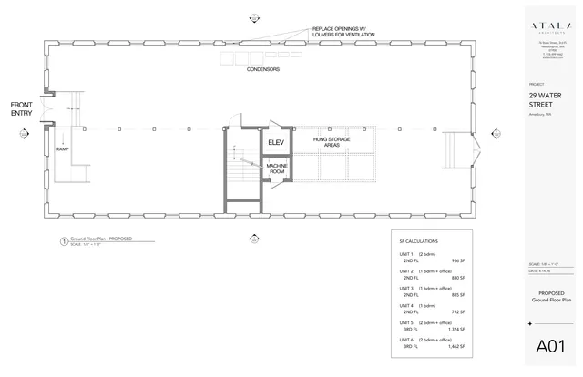 Ground floor plan of the proposed 29 Water Street building, showing the building outline, front entry, ramp, stair/elevator core, machine room, condenser area, and hanging storage areas. The sheet also includes square footage calculations and project title block information.