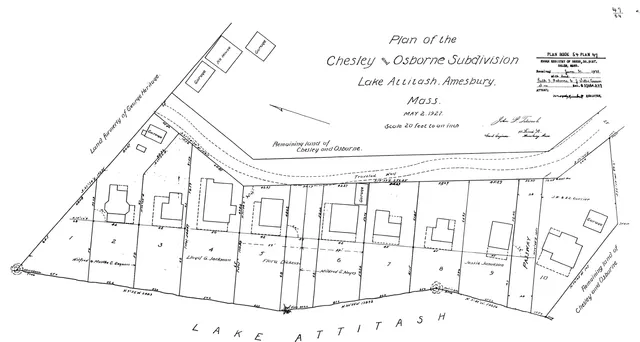 Black-and-white subdivision plan labeled "Plan of the Chesley and Osborne Subdivision, Lake Attitash, Amesbury, Mass., May 2, 1927," showing parcel boundaries, lot numbers, building footprints, and the shoreline/road layout along Lake Attitash.