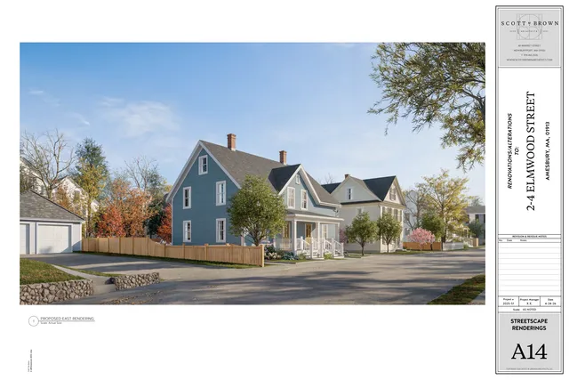 Full-color streetscape rendering of the proposed project, labeled as a proposed east rendering. It shows two new single-family-style homes along a residential street with porches, pitched roofs, fencing, and landscaping.