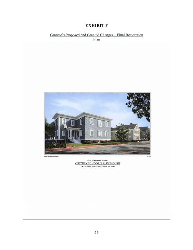 Color perspective rendering of the proposed redevelopment of the Ordway School/Bailey House, shown from the northwest looking along the street. It depicts a two-story gray-and-white building with a neighboring house and streetscape context.
