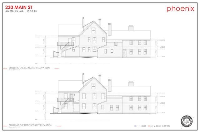 Architectural elevation sheet showing Building D existing and proposed left elevations for 230 Main Street, with line drawings comparing the current and revised exterior massing, windows, and stair/deck elements.