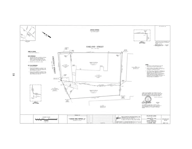 Boundary plan and existing conditions survey for 9 Oakland Street in Amesbury, showing the lot lines, adjacent streets (Oakland Street and Chestnut Street), existing building footprints, easements, dimensions, and a small locus map. The sheet is a technical survey drawing rather than a project rendering.