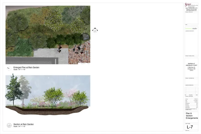Sheet of plan and section enlargements for a rain garden at the marina project, showing a top-down landscape plan with planting areas, paving, and a few figures, plus a sectional view of the rain garden with trees and grass mix. The right margin contains the architectural title block for the project.