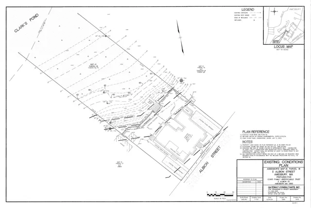 Existing conditions plan for 5 Albion Street in Amesbury, showing the parcel boundaries, wetlands buffer zones, topography/contours, Clark's Pond, and the existing house/driveway area near Albion Street.