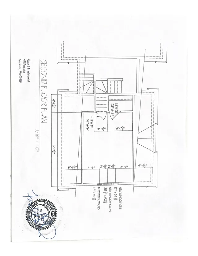 Black-and-white second floor plan for 48 Fern Ave, showing the layout of rooms, stairs, new windows, and dimension notes for the proposed changes. The sheet includes the title "SECOND FLOOR PLAN" and a stamped approval mark.