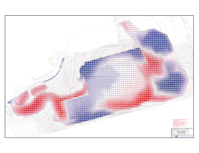 A cut-and-fill grading plan showing proposed earthwork across the site, with existing contour lines and shaded cut/fill areas spread over the parcel. The sheet includes a title block and dense contour annotations.