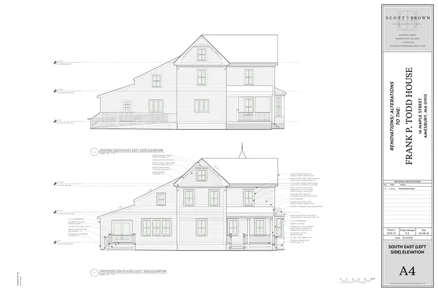 Sheet showing the existing and proposed south east (left side) elevation of the house at 14 Maple Street. The proposed view below includes the altered siding, windows, porches/decks, and roof forms for the finished building.