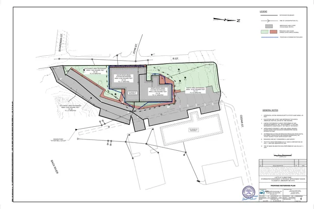 Proposed watershed plan for the 25 Cedar Street project showing the building footprints, surrounding property boundaries, contours, and stormwater drainage features at the Clarks Pond site. The plan includes watershed areas, flow arrows, and a north arrow/legend.