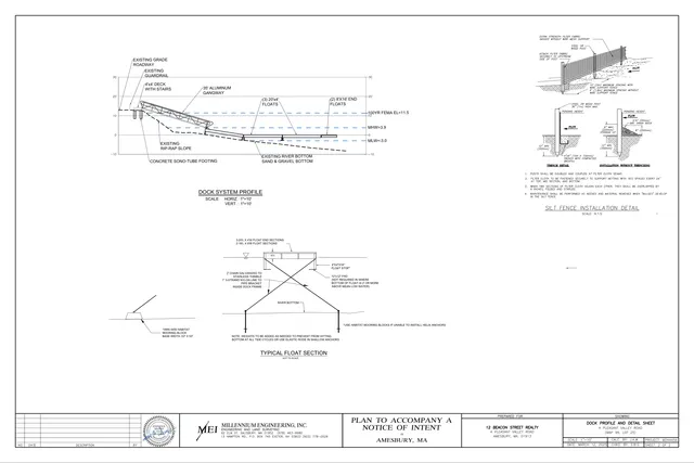 Technical sheet showing the dock system profile and typical float section for the proposed dock, along with silt fence installation details and related construction notes. The main drawing illustrates the dock ramp, floats, footing, river bottom, and elevation references.