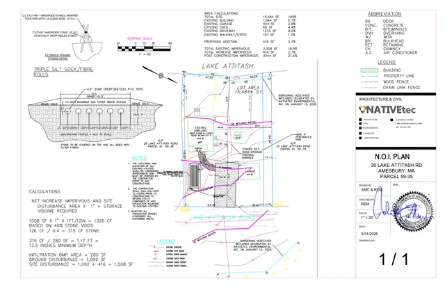 Civil/site plan for 30 Lake Attitash Road showing the existing lot layout, proposed addition, driveway/garage area, wetlands buffer, drainage infiltration details, and related notes/legends. Includes plan annotations, area calculations, and sheet title block.