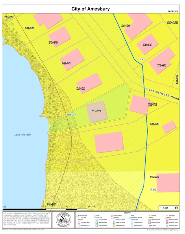 A City of Amesbury zoning/map sheet showing Lake Attitash and nearby parcels along Lake Attitash Road, with zoning districts, overlays, road lines, and parcel boundaries labeled.