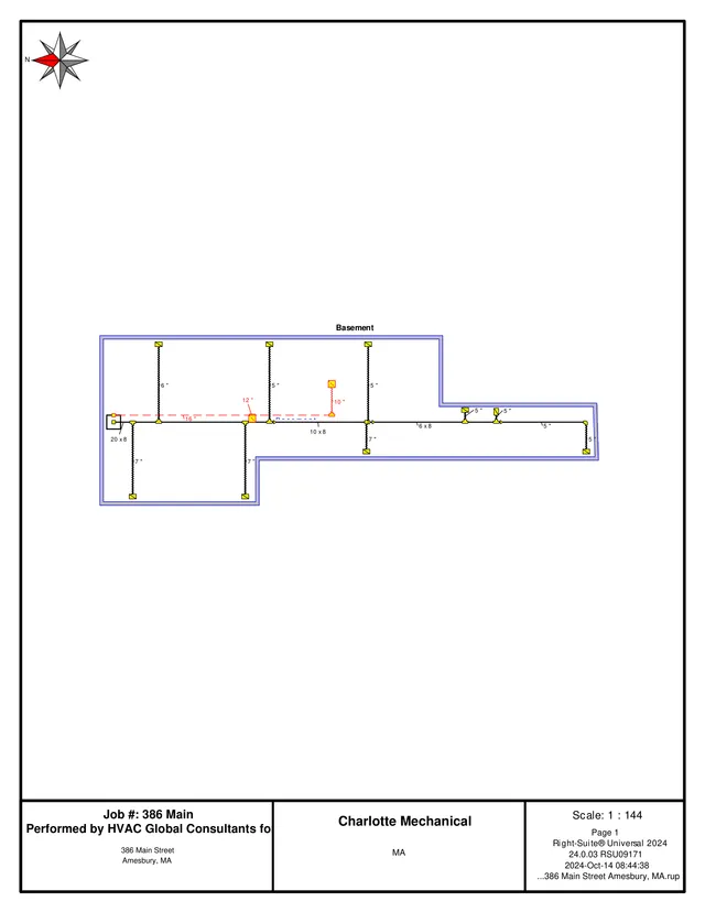Basement mechanical plan for 386 Main Street showing the layout of ducts, pipes, and equipment connections within the building footprint. The drawing includes dimension callouts, a north arrow, and title block information from Charlotte Mechanical.