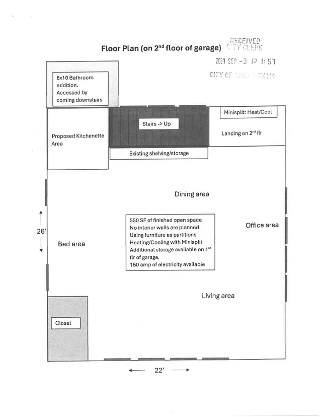 Second-floor floor plan of the garage showing a proposed kitchenette, 8x10 bathroom addition, stair access, landing, bed area, dining area, office area, living area, closet, and existing shelving/storage. The plan also notes a minisplit heat/cool system and dimensions including 22 feet by 26 feet.