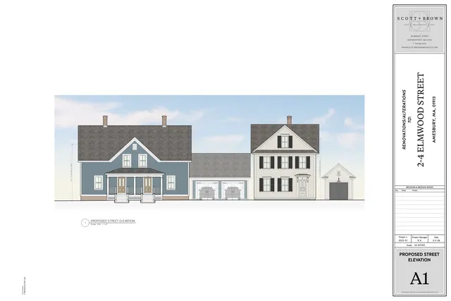 Colored proposed street elevation showing the front facades of the 2-4 Elmwood Street renovation/addition, including a blue two-story house, a central two-car garage, a light-colored three-story house, and a detached garage at the right. The sheet is labeled 'Proposed Street Elevation' and presents the project from the street-facing side.