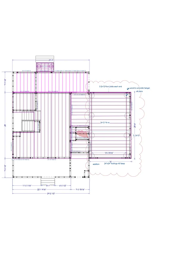 Technical framing and footings plan showing the first-floor layout, joist directions, beams, headers, and footing locations for an addition. Dimensions and structural notes are marked throughout the plan view.