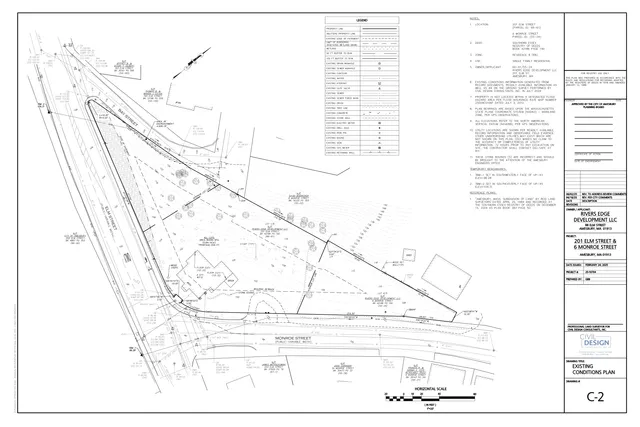 Existing conditions site plan for 201 Elm Street and 6 Monroe Street, showing the property boundaries, adjacent streets, topography, existing structures, utilities, and survey annotations. The title block identifies it as drawing C-2, Existing Conditions Plan.