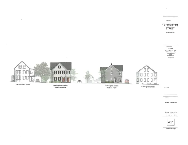 Street elevation sheet showing the existing 19 Prospect Street historic home and neighboring houses alongside a proposed new residence and surrounding context along Prospect Street. The page includes multiple façade views/elevations with labels for adjacent properties.