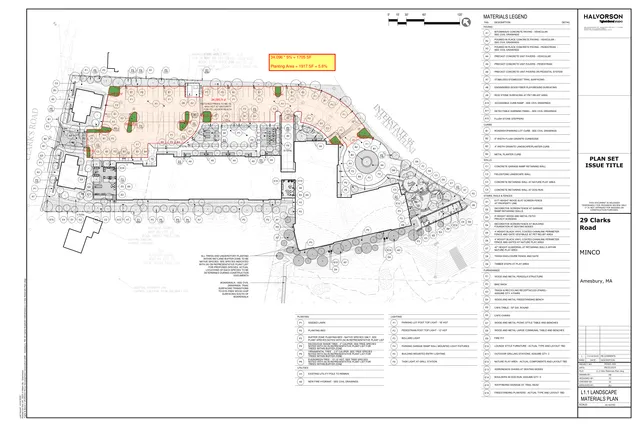 Landscape materials plan in site view showing the proposed layout of paving, planting areas, curbs, fencing, lighting, and site furnishings for the 29 Clarks Road project in Amesbury. The sheet includes a materials legend and marked-up planting/amenity zones across the site.