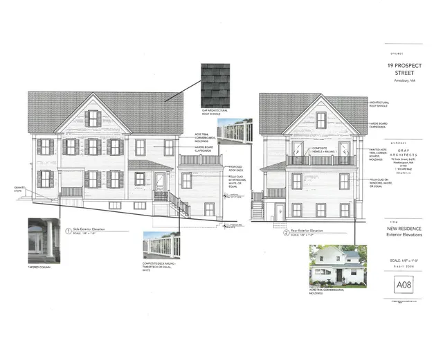 Architectural exterior elevation sheet for 19 Prospect Street showing side and rear views of the proposed residence, with material notes and small detail reference images. The sheet includes labeled facade elements such as roof shingles, clapboards, trim, windows, railings, and column details.