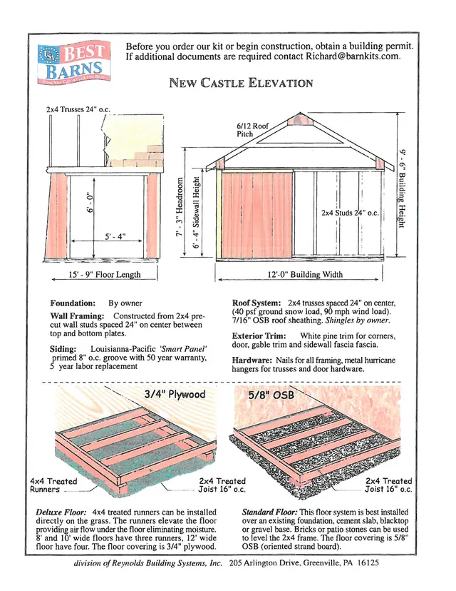 A kit-barn elevation sheet titled "New Castle Elevation," showing front and side views of a small gable-roofed building with labeled dimensions and construction details. The page also includes small framing/floor system diagrams and product specifications.