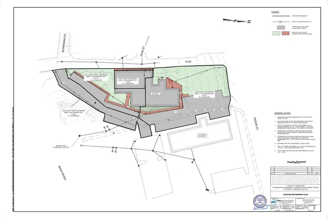 Existing watershed plan for 15 Cedar Street / 25 Cedar Street in Amesbury, showing building footprints, property boundaries, contour lines, drainage flow arrows, and impervious/pervious land cover areas with watershed labels and notes.