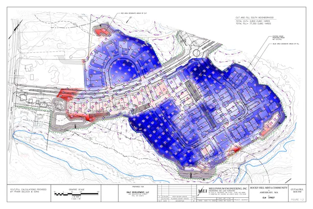 Color-coded cut and fill site plan for the Rocky Hill MBTA Community at Elm Street, showing proposed grading across the development area with contours, building footprints, access drives, and cut/fill zones.
